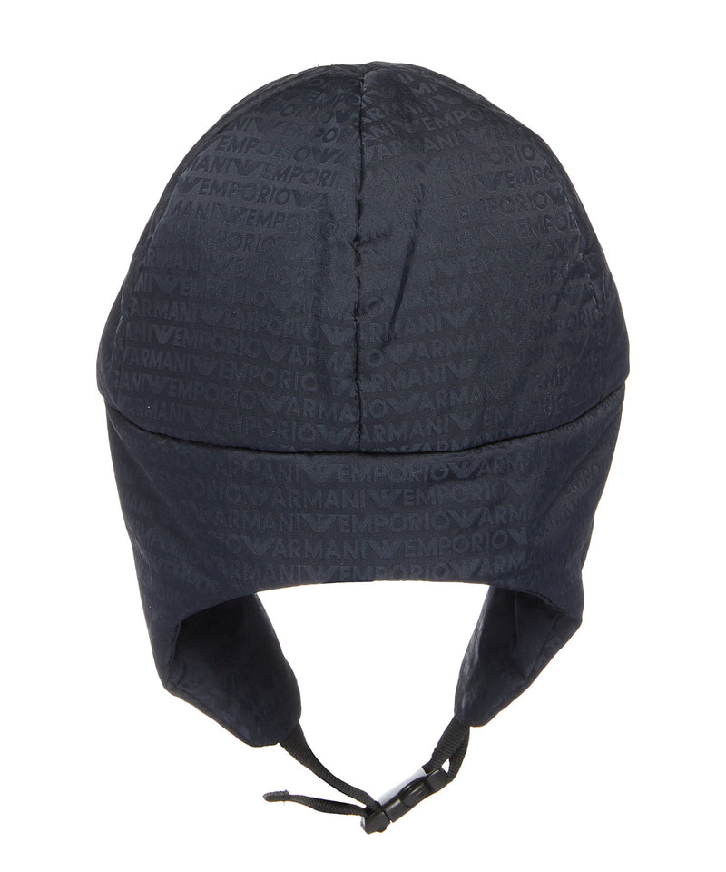 EMPORIO ARMANI BABY オールオーバーロゴレタリングナイロンイヤーフラップ付きキャップ